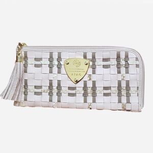 ATAO pink, white and Gray Woven Wallet with Tassel and gold accents
